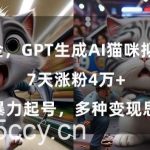 GPT生成AI猫咪拟人短片,7天涨粉4万+,暴力起号,多种变现思路【揭秘】-我创创业-副业网-网络创业-资源分享-网课资源-学习教程-学知识-自媒体-抖音-视频号-小红书-网络项目,赚钱软件,副业,兼职,学生赚,挂机赚-我创创业-副业网-5ccy.cn