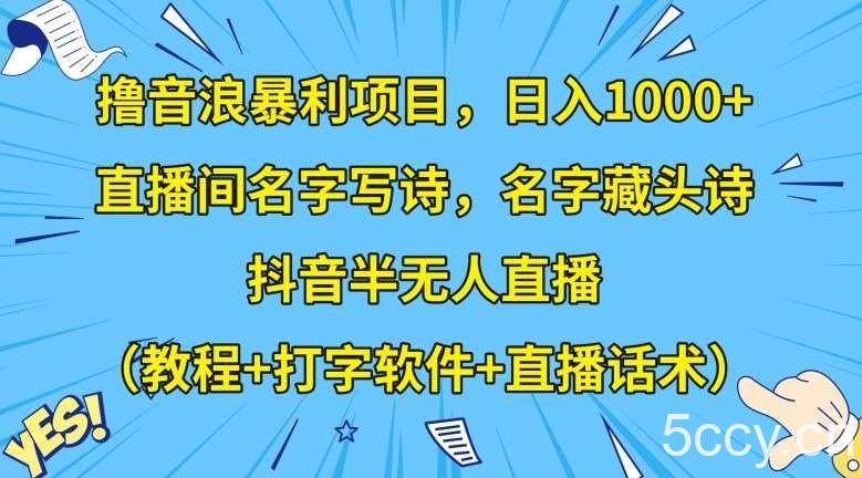 撸音浪暴利项目，日入1000 ，直播间名字写诗，名字藏头诗，抖音半无人直播（教程 打字软件 直播话术）【揭秘】-我创创业-副业网-网络创业-资源分享-网课资源-学习教程-学知识-自媒体-抖音-视频号-小红书-网络项目,赚钱软件,副业,兼职,学生赚,挂机赚-我创创业-副业网-5ccy.cn