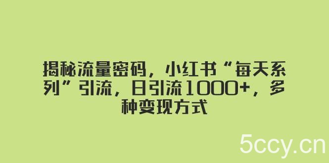 （8179期）揭秘流量密码，小红书“每天系列”引流，日引流1000 ，多种变现方式-我创创业-副业网-网络创业-资源分享-网课资源-学习教程-学知识-自媒体-抖音-视频号-小红书-网络项目,赚钱软件,副业,兼职,学生赚,挂机赚-我创创业-副业网-5ccy.cn