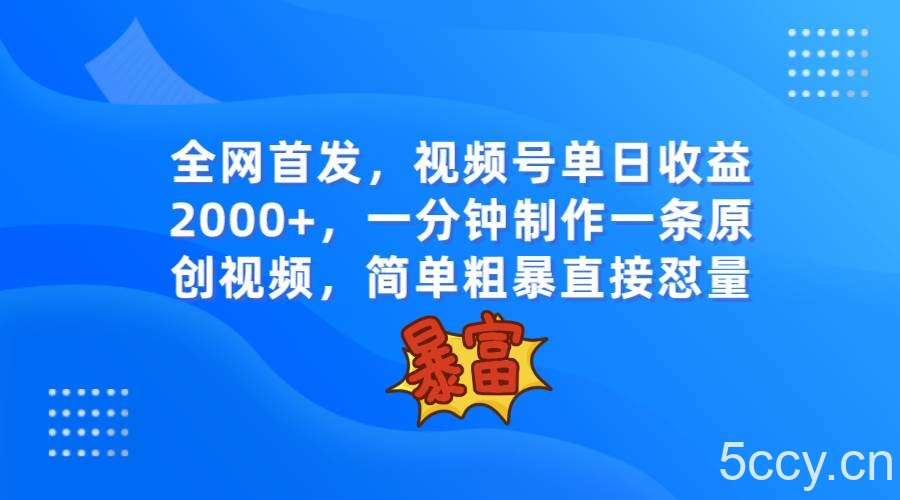 全网首发，视频号单日收益2000 ，一分钟制作一条原创视频，简单粗暴-我创创业-副业网-网络创业-资源分享-网课资源-学习教程-学知识-自媒体-抖音-视频号-小红书-网络项目,赚钱软件,副业,兼职,学生赚,挂机赚-我创创业-副业网-5ccy.cn