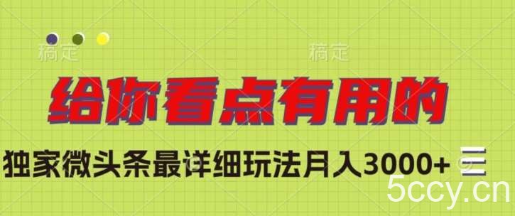 独家微头条最详细玩法，月入3000 【揭秘】-我创创业-副业网-网络创业-资源分享-网课资源-学习教程-学知识-自媒体-抖音-视频号-小红书-网络项目,赚钱软件,副业,兼职,学生赚,挂机赚-我创创业-副业网-5ccy.cn