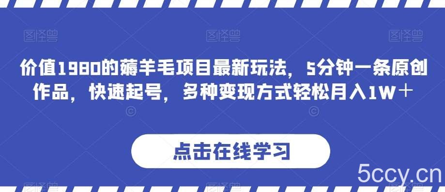 价值1980的薅羊毛项目最新玩法，5分钟一条原创作品，快速起号，多种变现方式轻松月入1W＋【揭秘】-我创创业-副业网-网络创业-资源分享-网课资源-学习教程-学知识-自媒体-抖音-视频号-小红书-网络项目,赚钱软件,副业,兼职,学生赚,挂机赚-我创创业-副业网-5ccy.cn