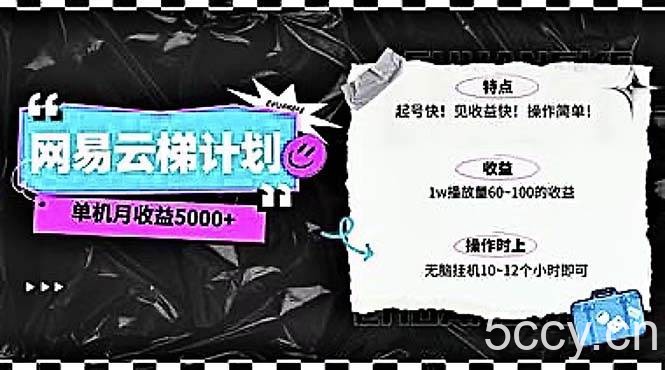 （10389期）2024网易云云梯计划 单机日300+ 无脑月入5000+-我创创业-副业网-网络创业-资源分享-网课资源-学习教程-学知识-自媒体-抖音-视频号-小红书-网络项目,赚钱软件,副业,兼职,学生赚,挂机赚-我创创业-副业网-5ccy.cn