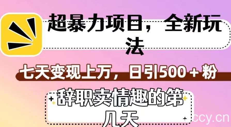 超暴利项目，全新玩法（辞职卖情趣的第几天），七天变现上万，日引500 粉【揭秘】-我创创业-副业网-网络创业-资源分享-网课资源-学习教程-学知识-自媒体-抖音-视频号-小红书-网络项目,赚钱软件,副业,兼职,学生赚,挂机赚-我创创业-副业网-5ccy.cn