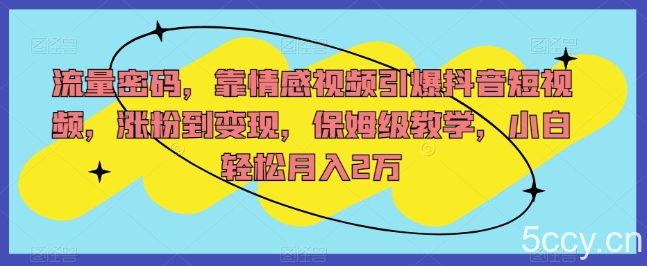 流量密码，靠情感视频引爆抖音短视频，涨粉到变现，保姆级教学，小白轻松月入2万【揭秘】-我创创业-副业网-网络创业-资源分享-网课资源-学习教程-学知识-自媒体-抖音-视频号-小红书-网络项目,赚钱软件,副业,兼职,学生赚,挂机赚-我创创业-副业网-5ccy.cn