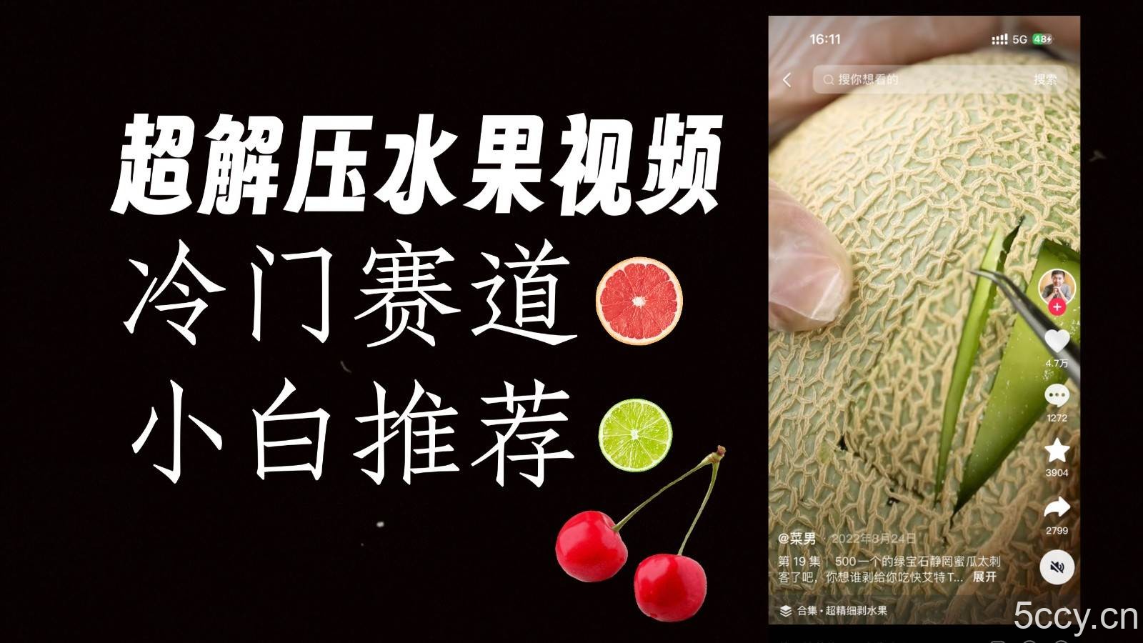 冷门赛道水果解压视频，方法自创，单日变现1000加，简单复制操作，小白必入-我创创业-副业网-网络创业-资源分享-网课资源-学习教程-学知识-自媒体-抖音-视频号-小红书-网络项目,赚钱软件,副业,兼职,学生赚,挂机赚-我创创业-副业网-5ccy.cn