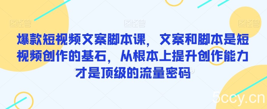爆款短视频文案脚本课，文案和脚本是短视频创作的基石，从根本上提升创作能力才是顶级的流量密码-我创创业-副业网-网络创业-资源分享-网课资源-学习教程-学知识-自媒体-抖音-视频号-小红书-网络项目,赚钱软件,副业,兼职,学生赚,挂机赚-我创创业-副业网-5ccy.cn