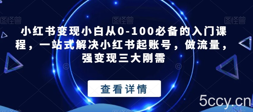 小红书变现小白从0-100必备的入门课程，一站式解决小红书起账号，做流量，强变现三大刚需-我创创业-副业网-网络创业-资源分享-网课资源-学习教程-学知识-自媒体-抖音-视频号-小红书-网络项目,赚钱软件,副业,兼职,学生赚,挂机赚-我创创业-副业网-5ccy.cn