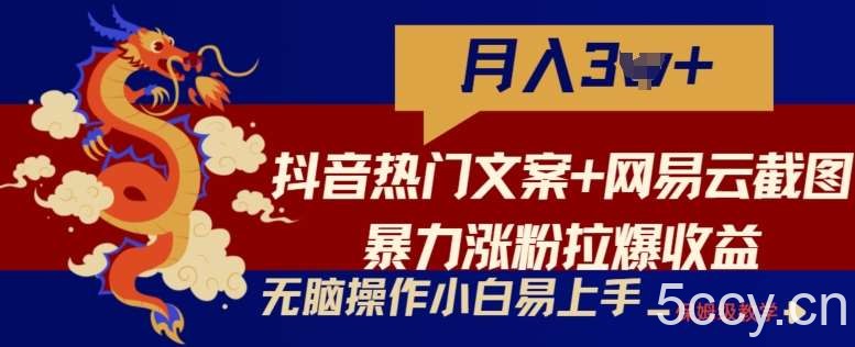 抖音热门文案+网易云截图暴力涨粉拉爆收益玩法，小白无脑操作，简单易上手【揭秘】-我创创业-副业网-网络创业-资源分享-网课资源-学习教程-学知识-自媒体-抖音-视频号-小红书-网络项目,赚钱软件,副业,兼职,学生赚,挂机赚-我创创业-副业网-5ccy.cn
