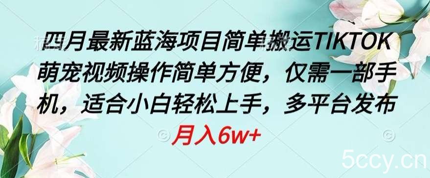 四月最新蓝海项目，简单搬运TIKTOK萌宠视频，操作简单方便，仅需一部手机【揭秘】-我创创业-副业网-网络创业-资源分享-网课资源-学习教程-学知识-自媒体-抖音-视频号-小红书-网络项目,赚钱软件,副业,兼职,学生赚,挂机赚-我创创业-副业网-5ccy.cn