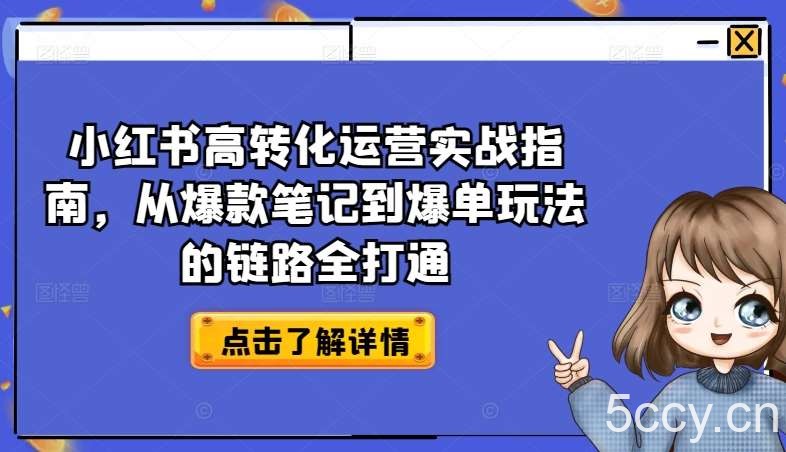 小红书高转化运营实战指南，从爆款笔记到爆单玩法的链路全打通-我创创业-副业网-网络创业-资源分享-网课资源-学习教程-学知识-自媒体-抖音-视频号-小红书-网络项目,赚钱软件,副业,兼职,学生赚,挂机赚-我创创业-副业网-5ccy.cn