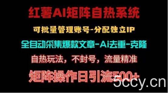 红薯矩阵自热系统，独家不死号引流玩法！矩阵操作日引流500+-我创创业-副业网-网络创业-资源分享-网课资源-学习教程-学知识-自媒体-抖音-视频号-小红书-网络项目,赚钱软件,副业,兼职,学生赚,挂机赚-我创创业-副业网-5ccy.cn