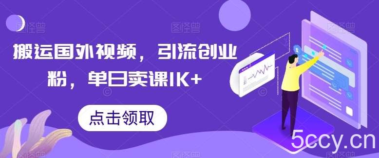 搬运国外视频，引流创业粉，单日卖课1K+【揭秘】-我创创业-副业网-网络创业-资源分享-网课资源-学习教程-学知识-自媒体-抖音-视频号-小红书-网络项目,赚钱软件,副业,兼职,学生赚,挂机赚-我创创业-副业网-5ccy.cn