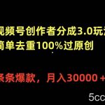 （10002期）视频号创作者分成3.0玩法，简单去重100%过原创，条条爆款，月入30000＋-我创创业-副业网-网络创业-资源分享-网课资源-学习教程-学知识-自媒体-抖音-视频号-小红书-网络项目,赚钱软件,副业,兼职,学生赚,挂机赚-我创创业-副业网-5ccy.cn